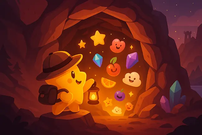 Treasure cave with glowing stars and adventure